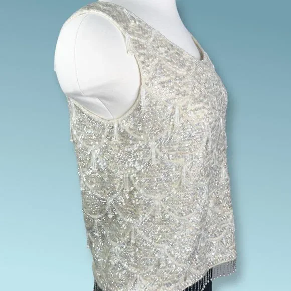 1960's Iridescent Sequined and Beaded Knit Camisole Sweater Top - Zipper Back - Picture 3 of 6
